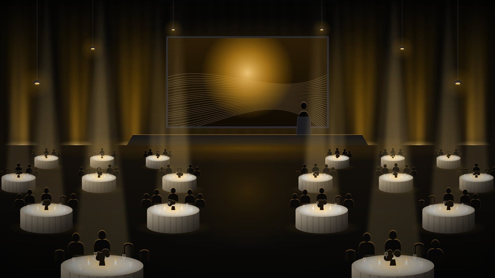 Ilustración conceptual: cena de gala con mesas redondas, iluminación cálida y escenario con pantalla